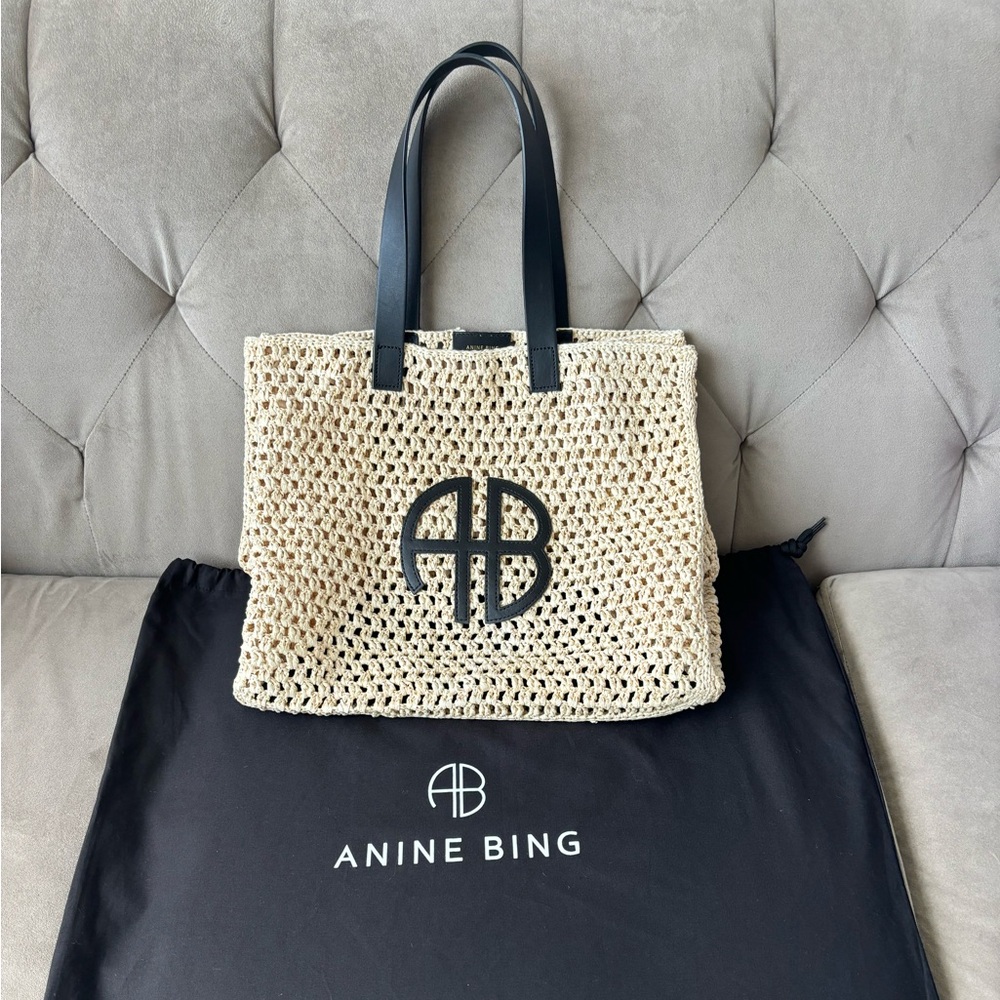 Anine Bing Crochet Tote with Black Leather Handles and Logo